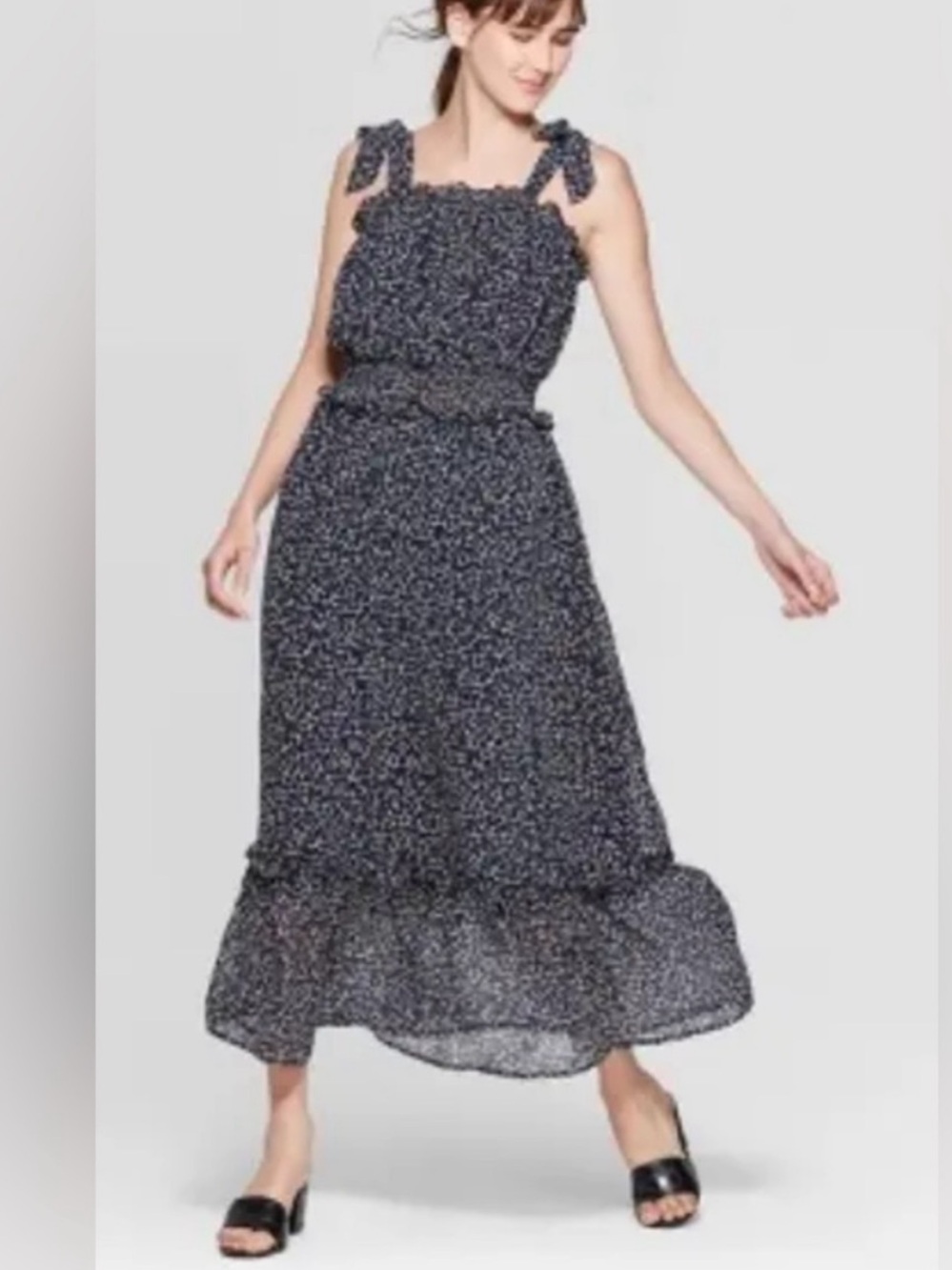 Who What Wear Navy Shoulder Tie Ruffle Maxi Dress